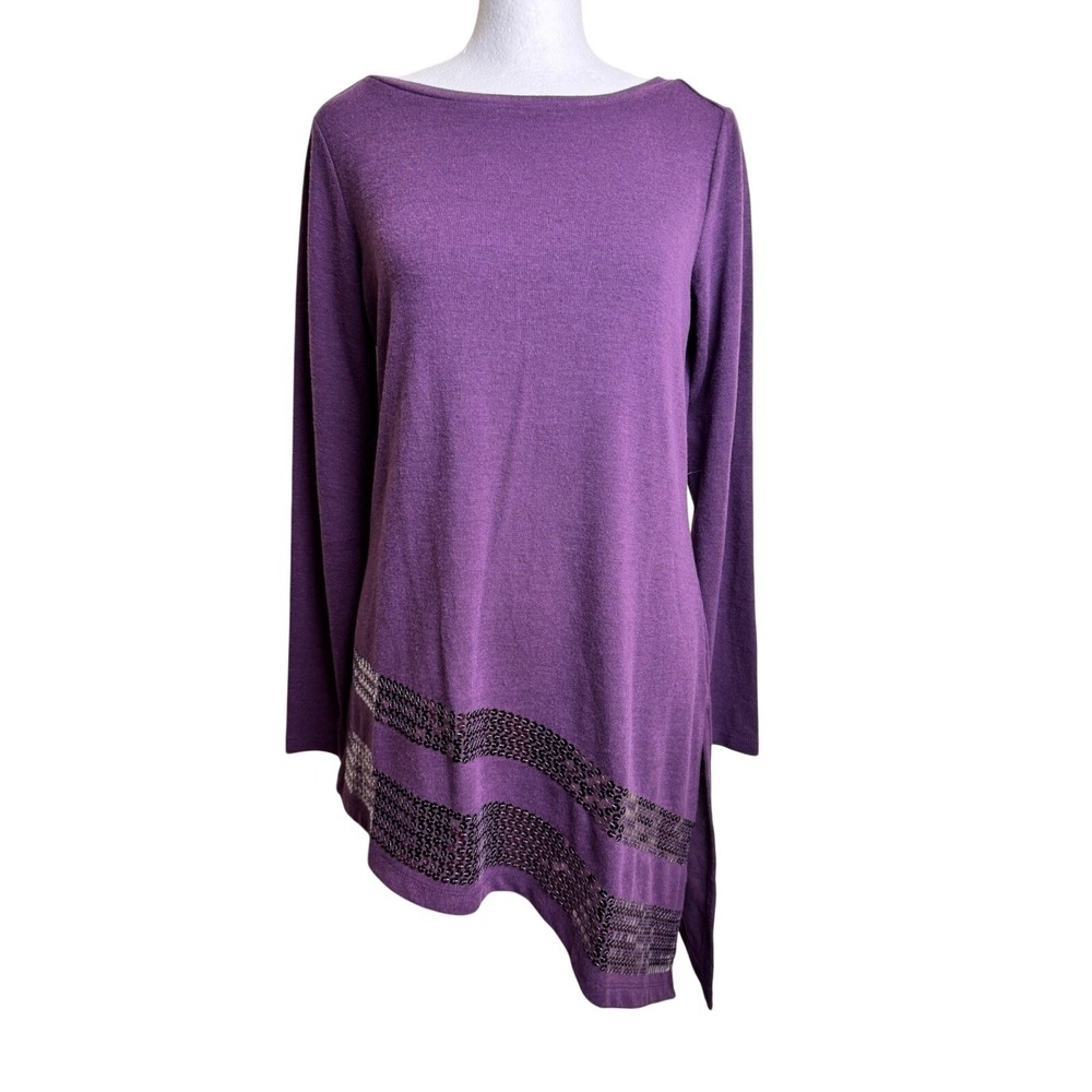 NWT DG2 Diane Gilman Purple Asymmetrical Tunic Top Sequin Knit Blouse XS‎